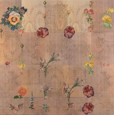 Aus dem Werkzyklus: 'Himmelblumen' | 145 x 145, Collage / Malerei auf Leinwand | 2005