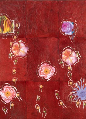 Aus dem Werkzyklus: 'Natur-G&aumlrten-Rot' | 220 x 160, Collage / Malerei auf Leinwand | 2007