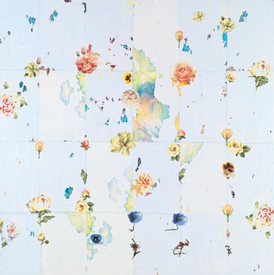 Aus dem Werkzyklus: 'Natur-G&aumlrten-Hellblau' | 145 x 145, Collage / Malerei auf Leinwand | 2001